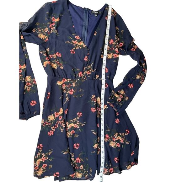 LULUS Floral Print Midi Dress Long Sheer Sleeves Zip Back Size Small Navy Blue - Picture 7 of 12